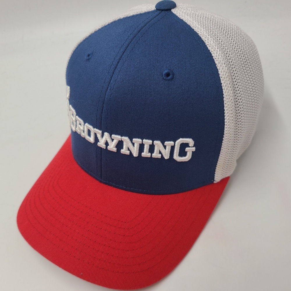 Browning Hat Fitted L-XL Trucker Mesh Blue Red White Outdoors Buckmark Logo Men